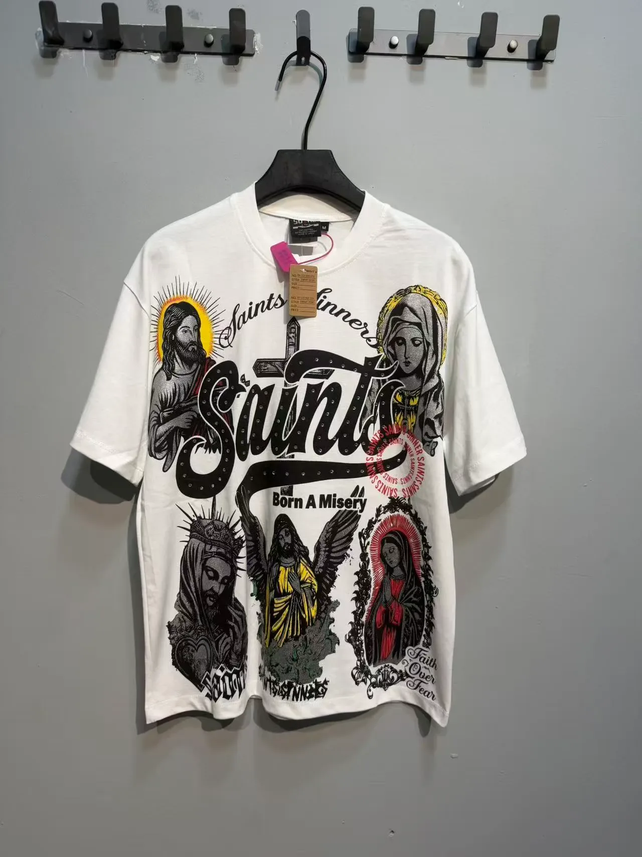 Beige White Oversized Fit Multi-Figure Religious Iconography Print T-Shirt 10