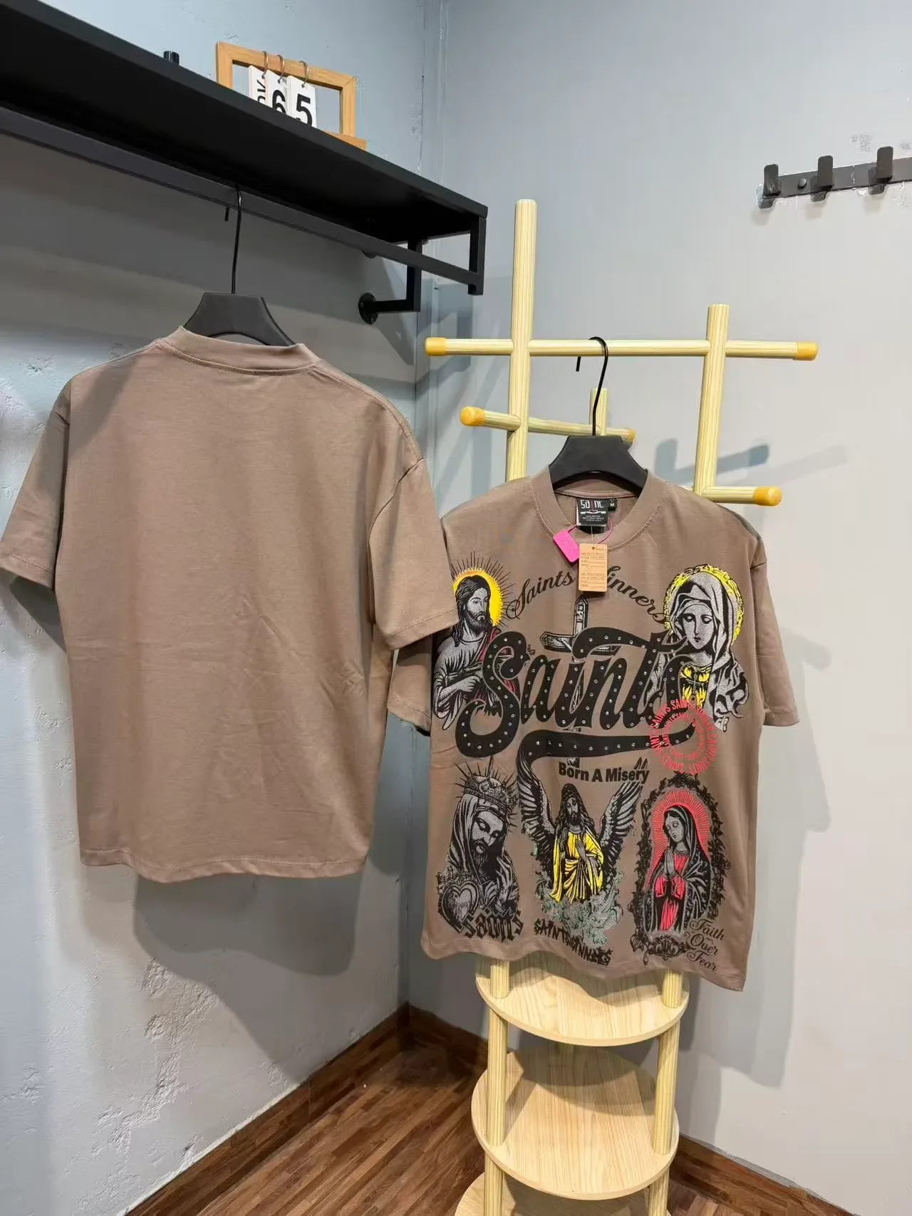 Beige White Oversized Fit Multi-Figure Religious Iconography Print T-Shirt 12