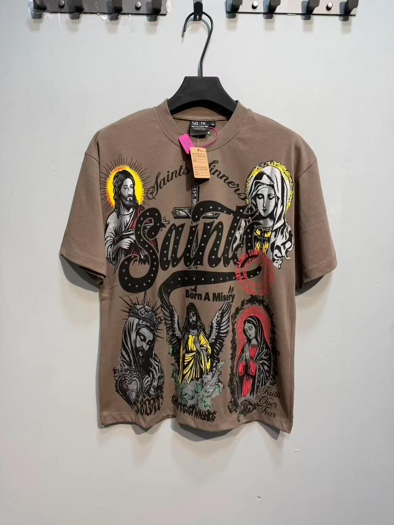 Beige White Oversized Fit Multi-Figure Religious Iconography Print T-Shirt 13