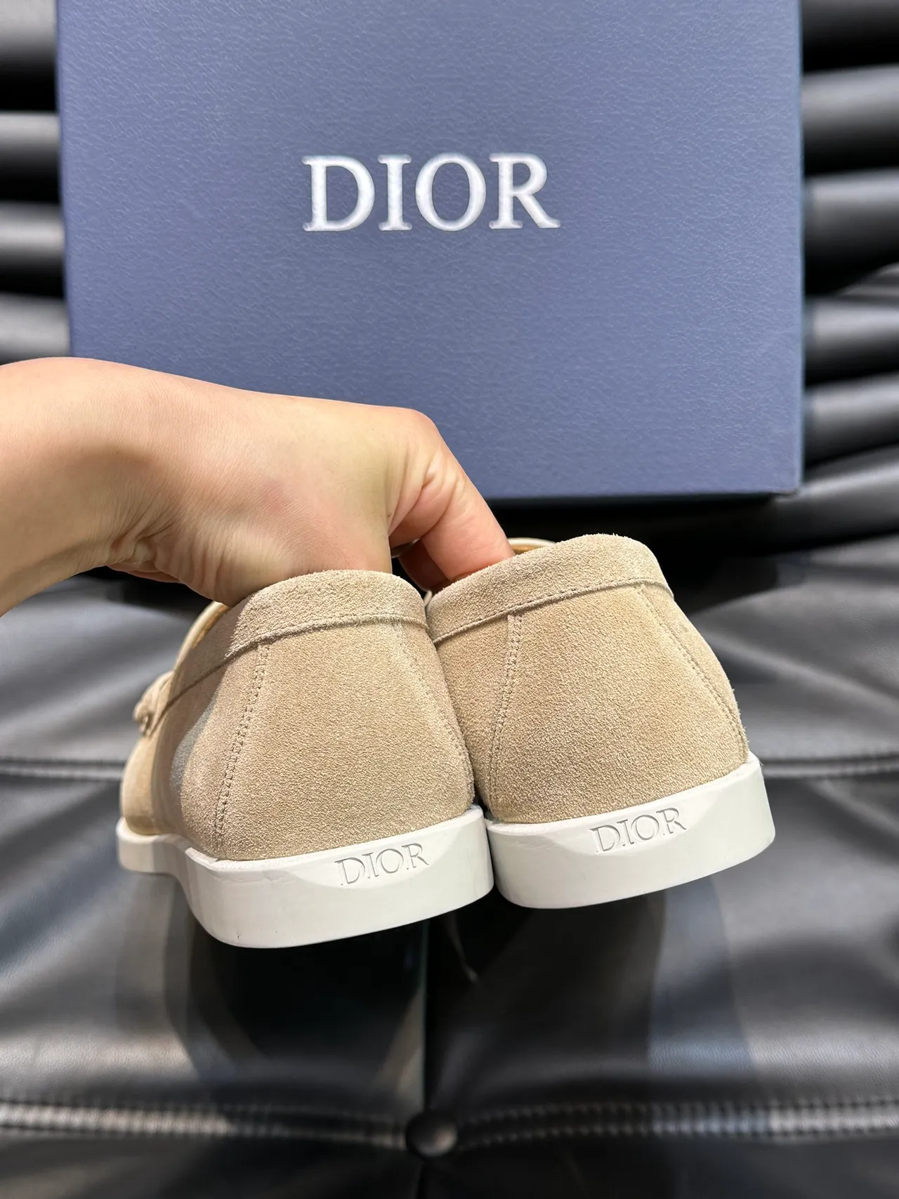Beige White Suede Upper Monogrammed Textile Vamp Loafer 3