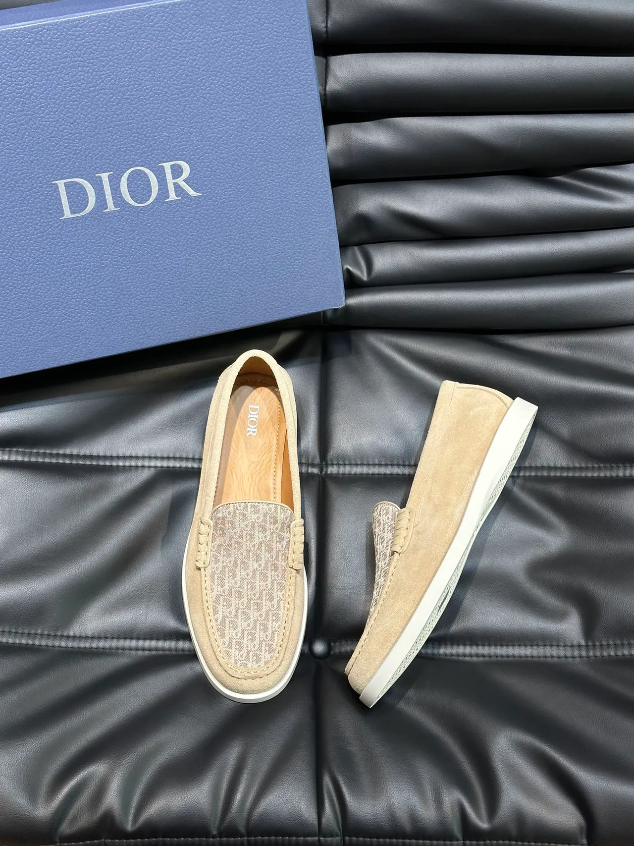 Beige White Suede Upper Monogrammed Textile Vamp Loafer 5