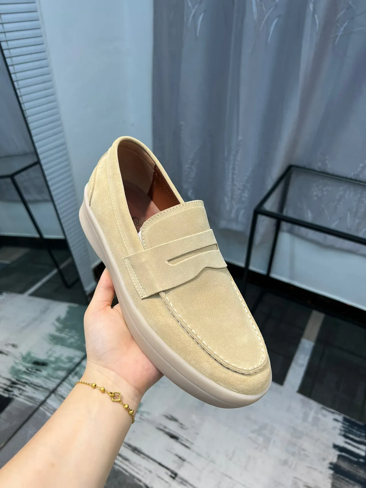 Beige White Suede Upper Penny Strap Loafer 6