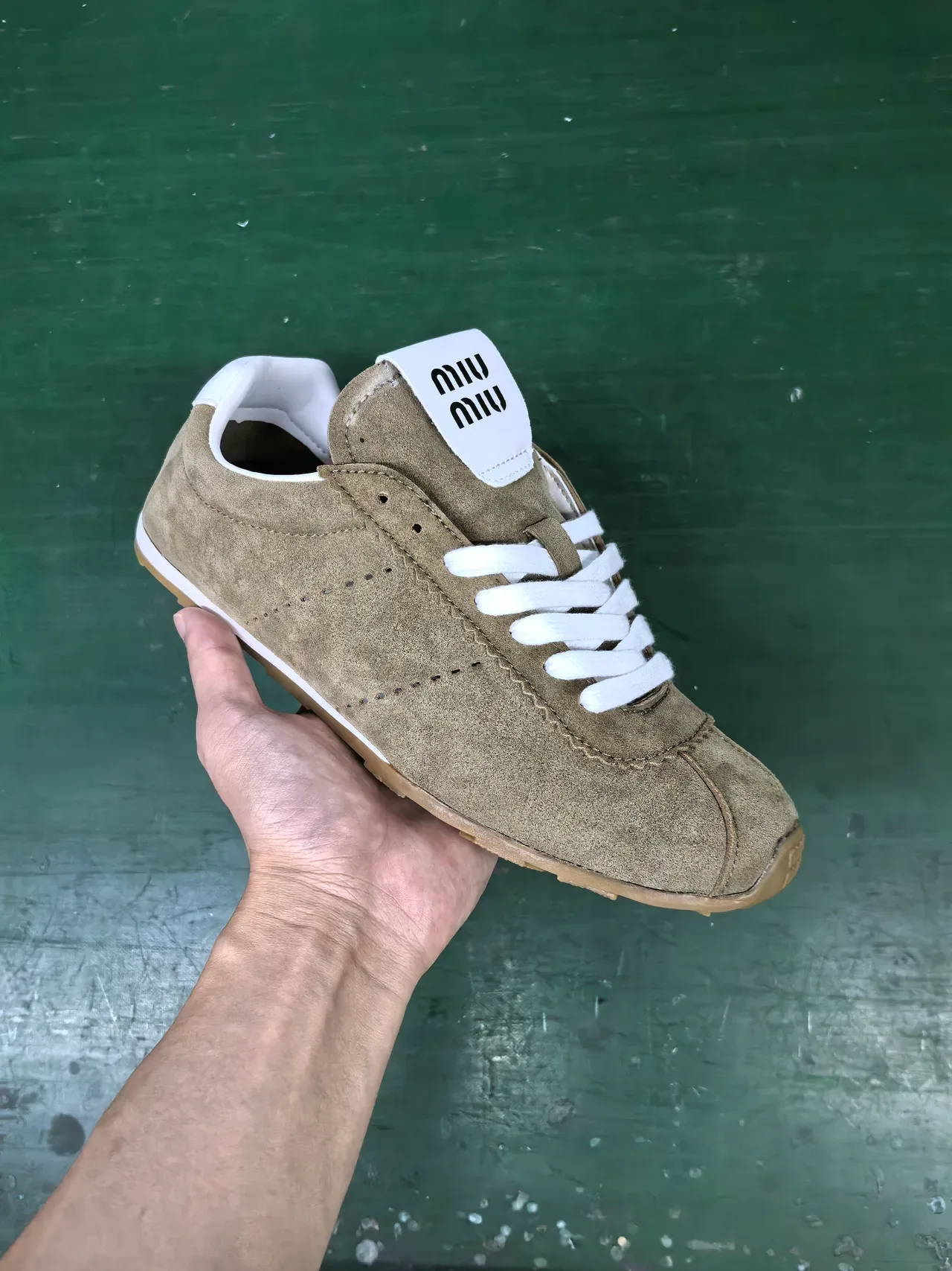 Beige White Suede Upper Perforated Side Panels Sneakers 2