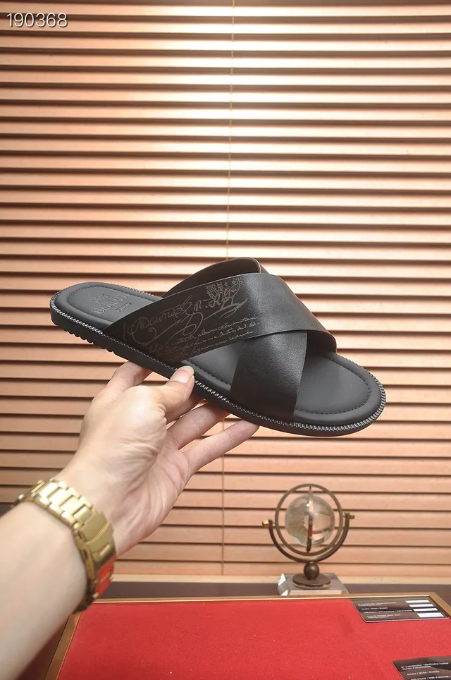 Berluti Crossed Strap Black Leather Slippers 3