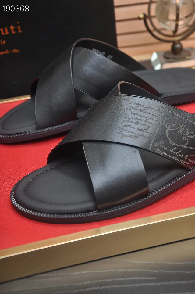 Berluti Crossed Strap Black Leather Slippers 4