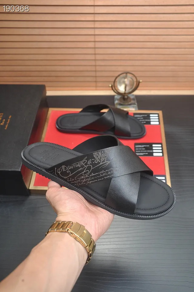 Berluti Crossed Strap Black Leather Slippers 5