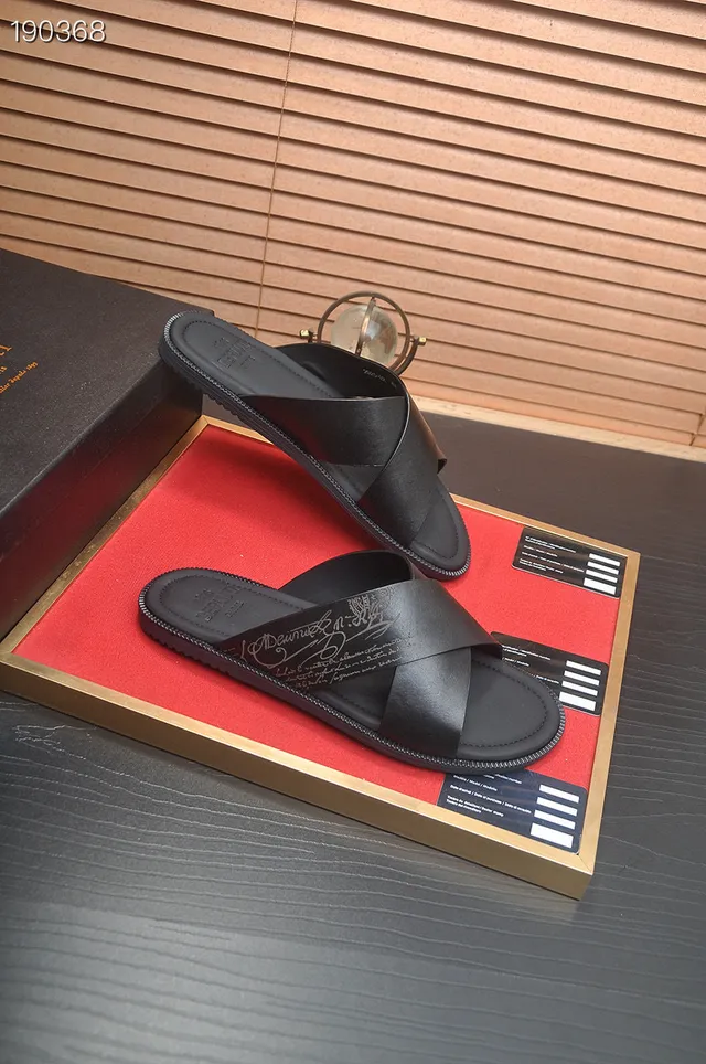 Berluti Crossed Strap Black Leather Slippers 6