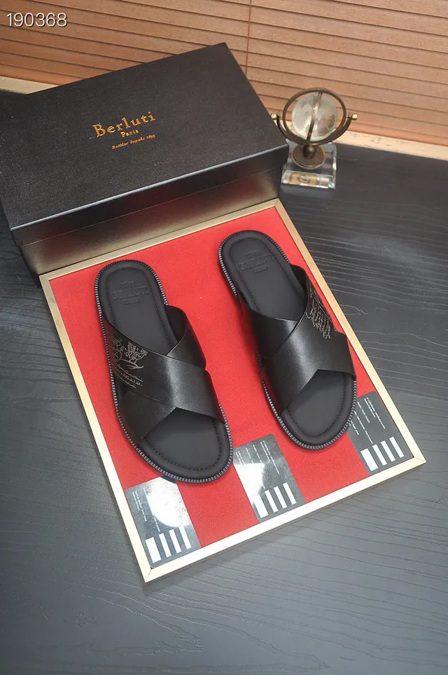 Berluti Crossed Strap Black Leather Slippers 7