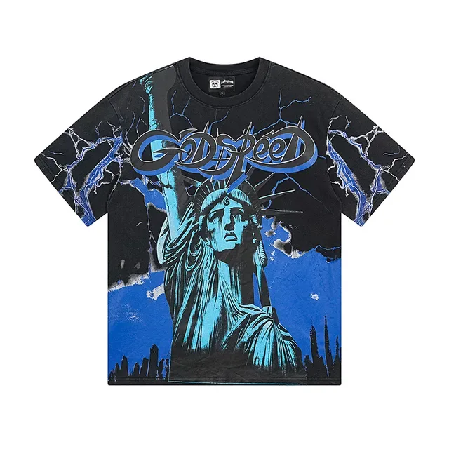 Black and Cyan Liberty Statue Graphic Double-Sided Oversized T-Shirt 2
