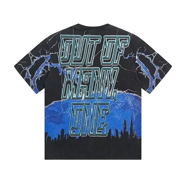 Black and Cyan Liberty Statue Graphic Double-Sided Oversized T-Shirt 3