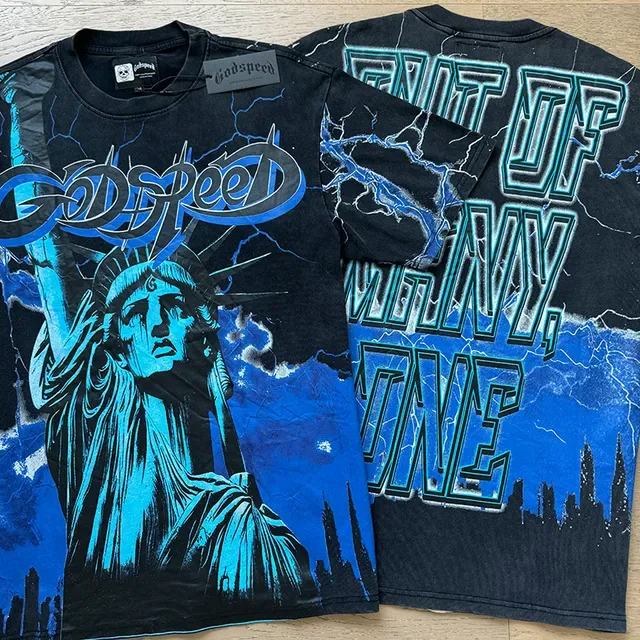 Black and Cyan Liberty Statue Graphic Double-Sided Oversized T-Shirt 4