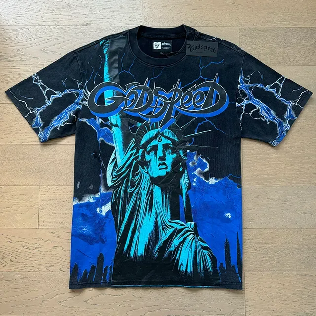 Black and Cyan Liberty Statue Graphic Double-Sided Oversized T-Shirt 5