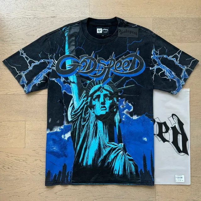 Black and Cyan Liberty Statue Graphic Double-Sided Oversized T-Shirt 6
