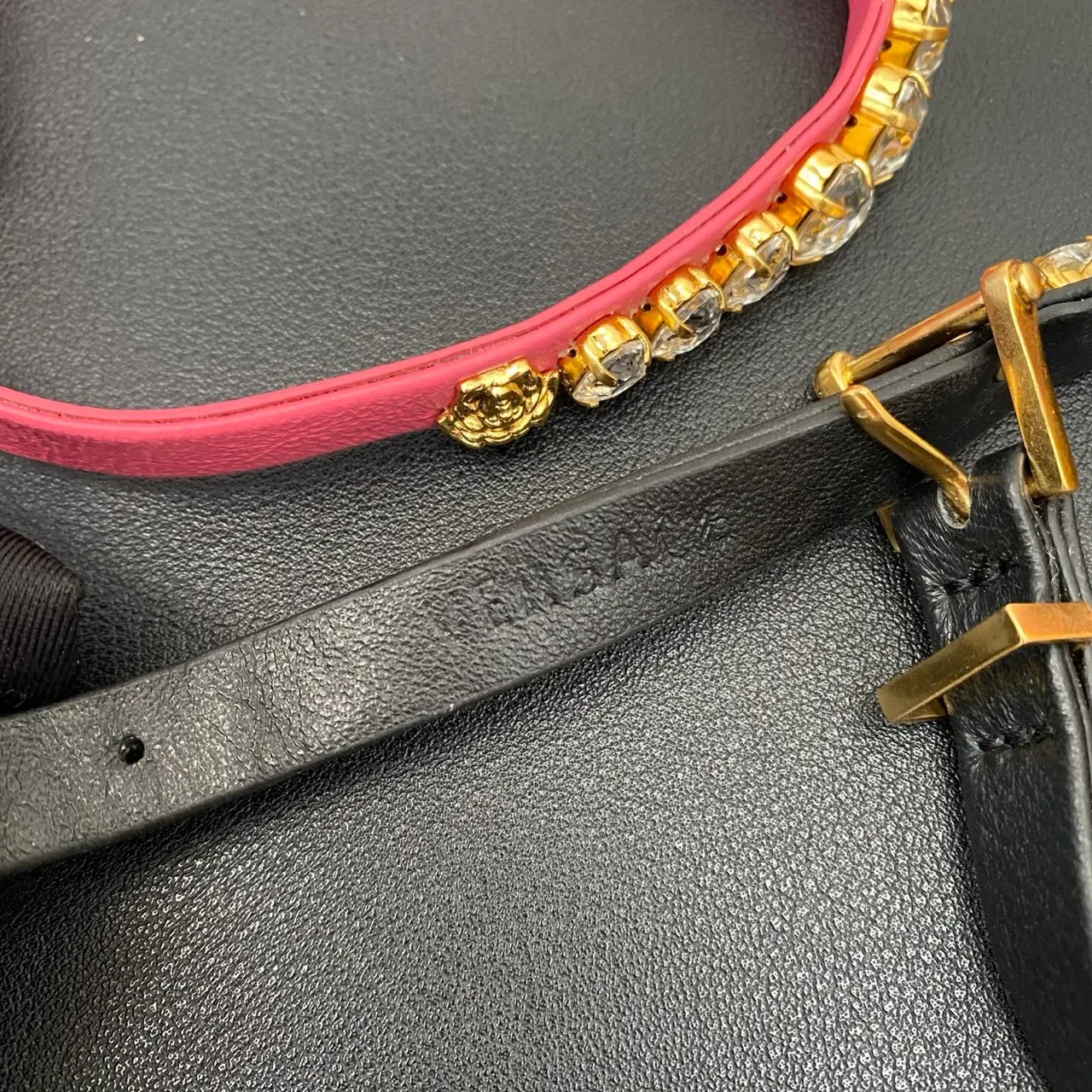 Black and Pink Leather Crystal-Embellished Gold-Tone Bracelets 4