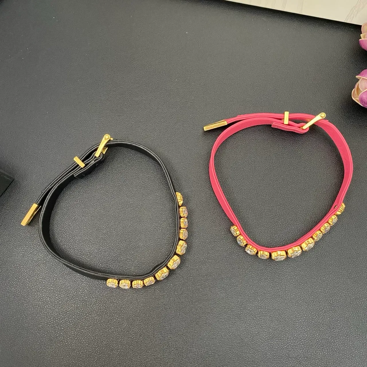 Black and Pink Leather Crystal-Embellished Gold-Tone Bracelets 9