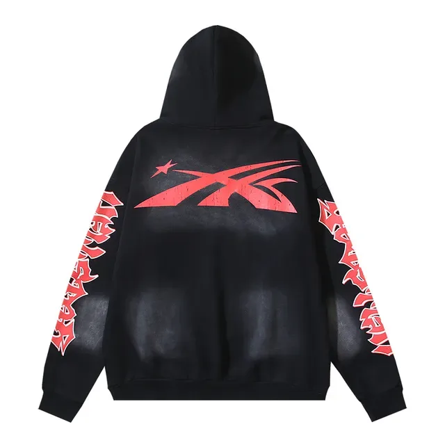 Black and Red Flame Skull Graphic Oversized Hoodie 5