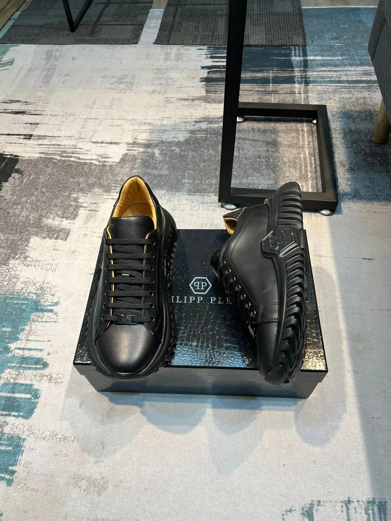 Black Beige Leather Upper Sculpted Sole Chunky Sneakers 4