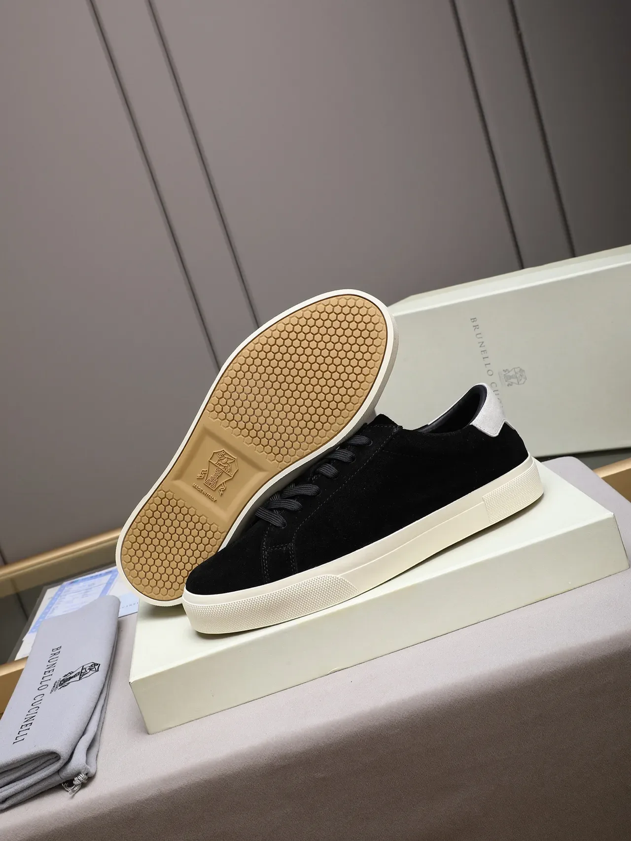 Black Beige Suede Upper Off-White Cupsole Sneakers 4