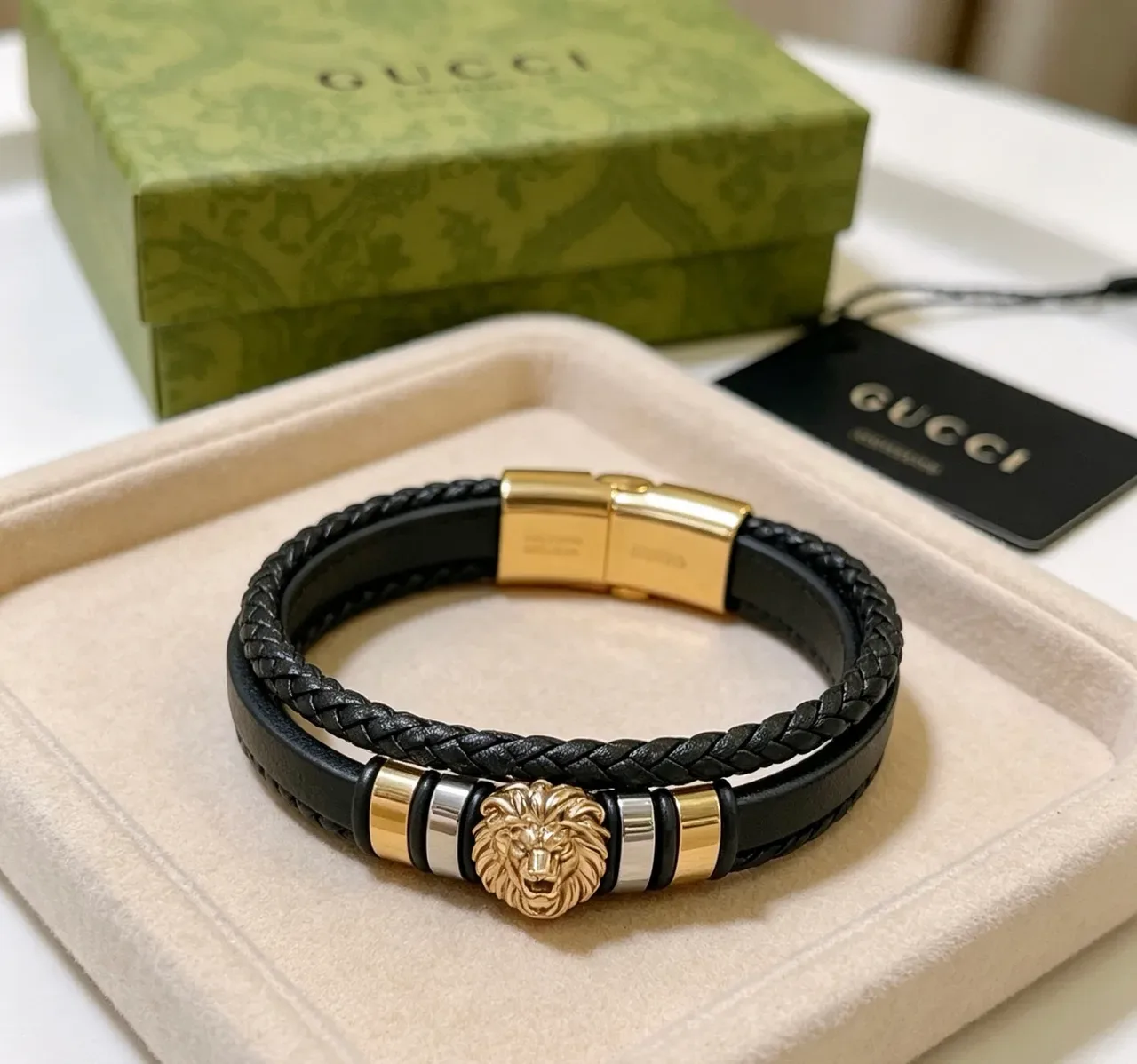 Black Braided Leather Lion Head Charm Multi-Wrap Bracelet 2