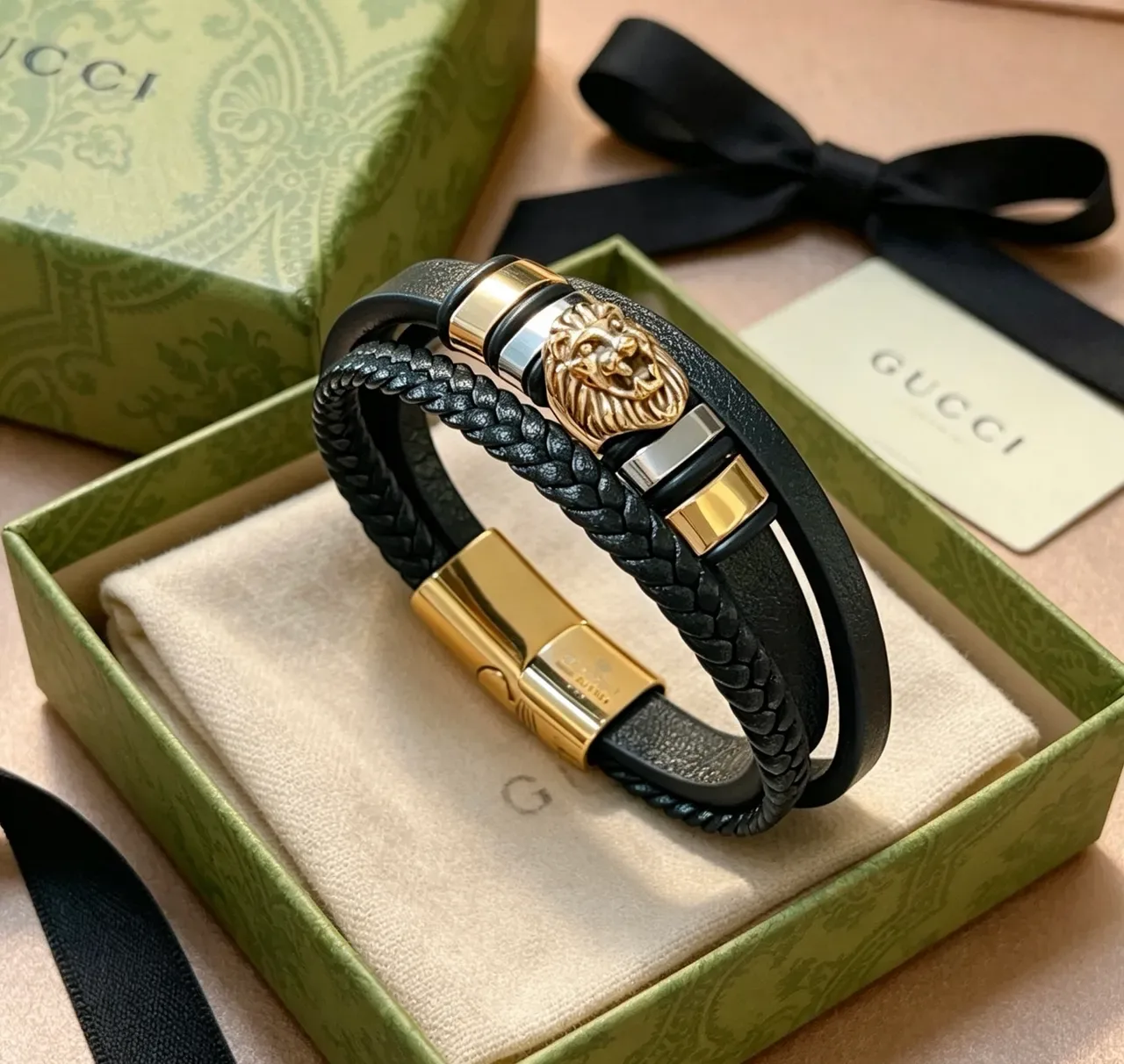 Black Braided Leather Lion Head Charm Multi-Wrap Bracelet 8