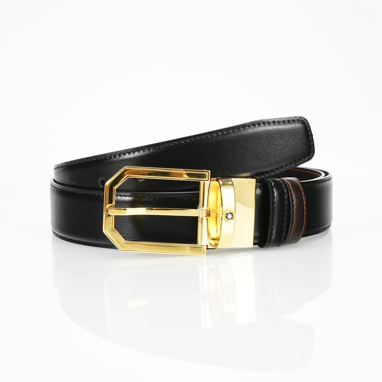 Black Brown Reversible Gold-Tone Octagonal Buckle Leather Belt 1