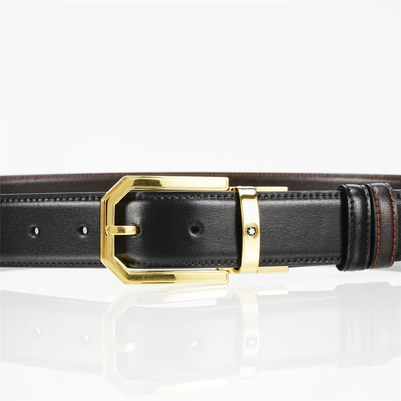 Black Brown Reversible Gold-Tone Octagonal Buckle Leather Belt 6