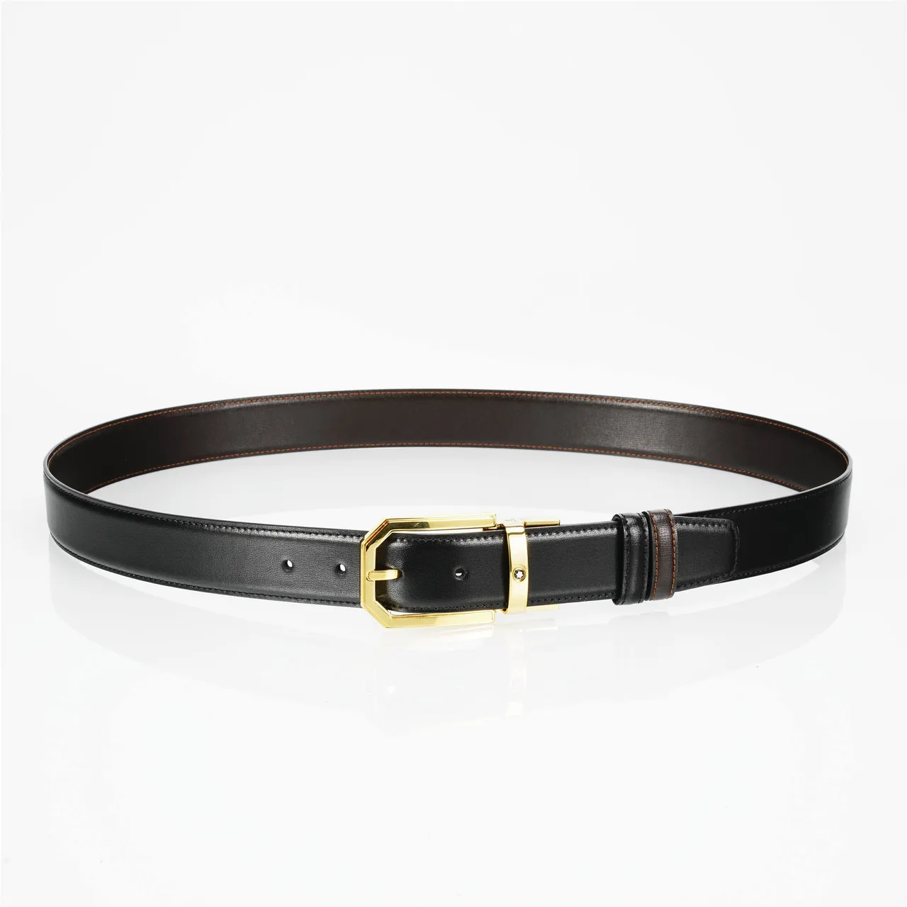 Black Brown Reversible Gold-Tone Octagonal Buckle Leather Belt 7