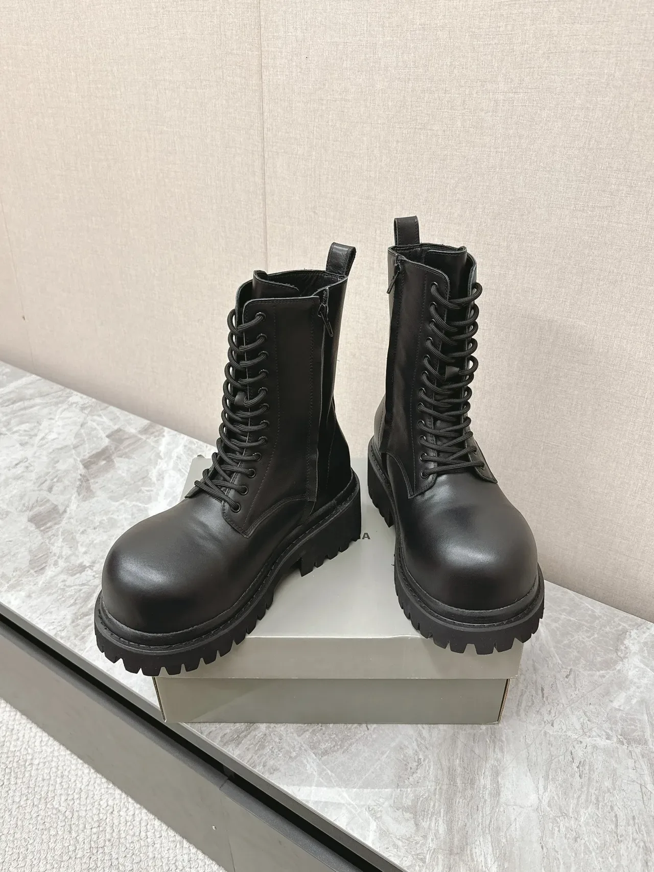 Black Chunky Lug Sole Smooth Upper Ankle Boots 4