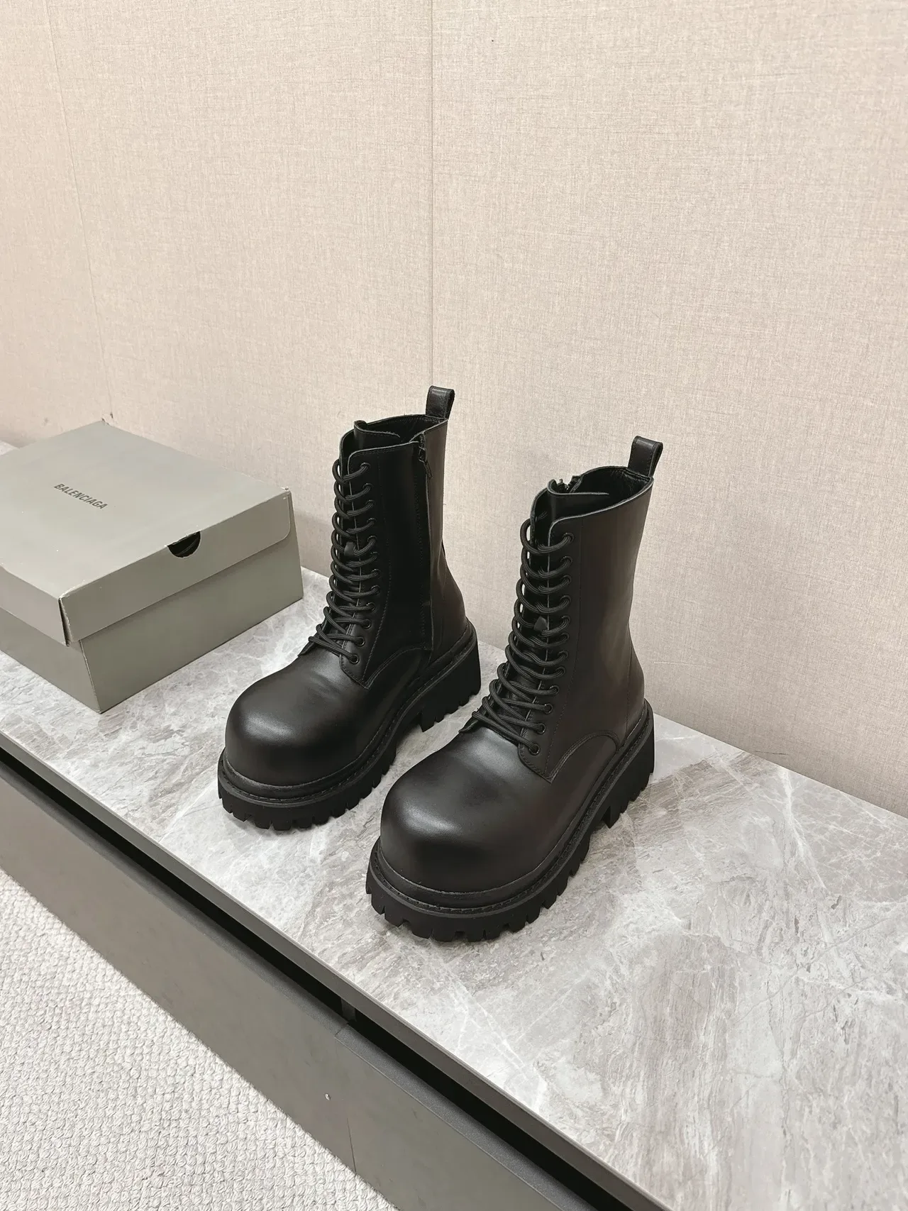 Black Chunky Lug Sole Smooth Upper Ankle Boots 5