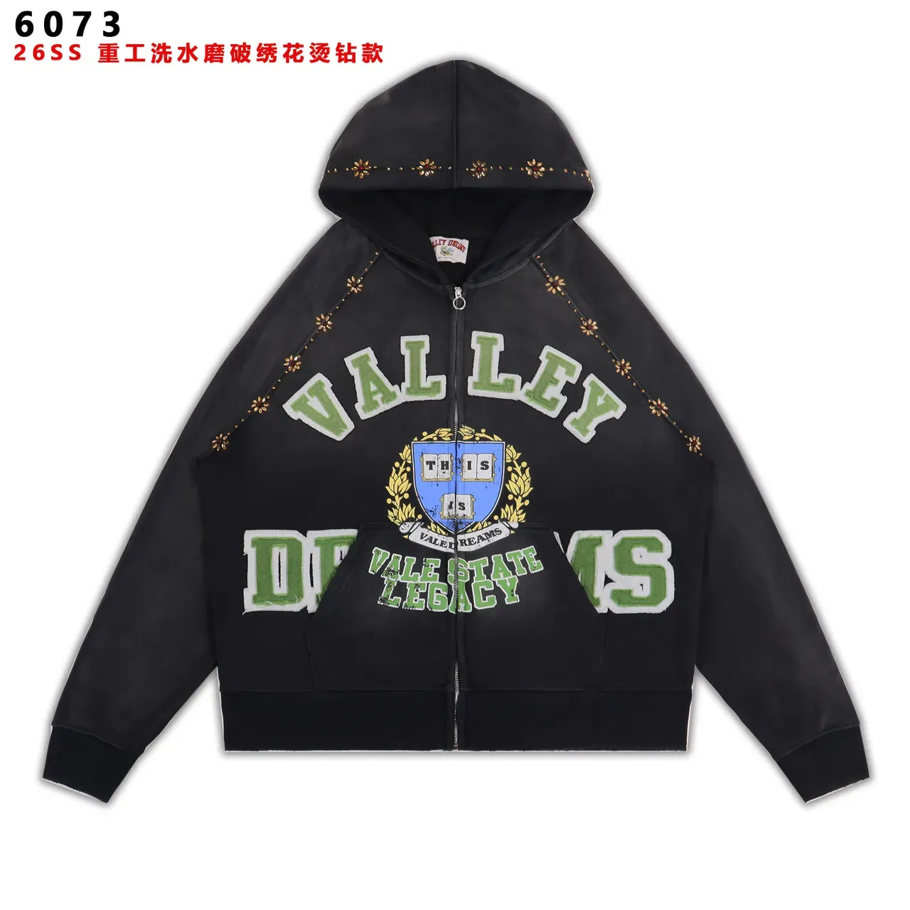 Black Embroidered Distressed Wash Full-Zip Hoodie 3