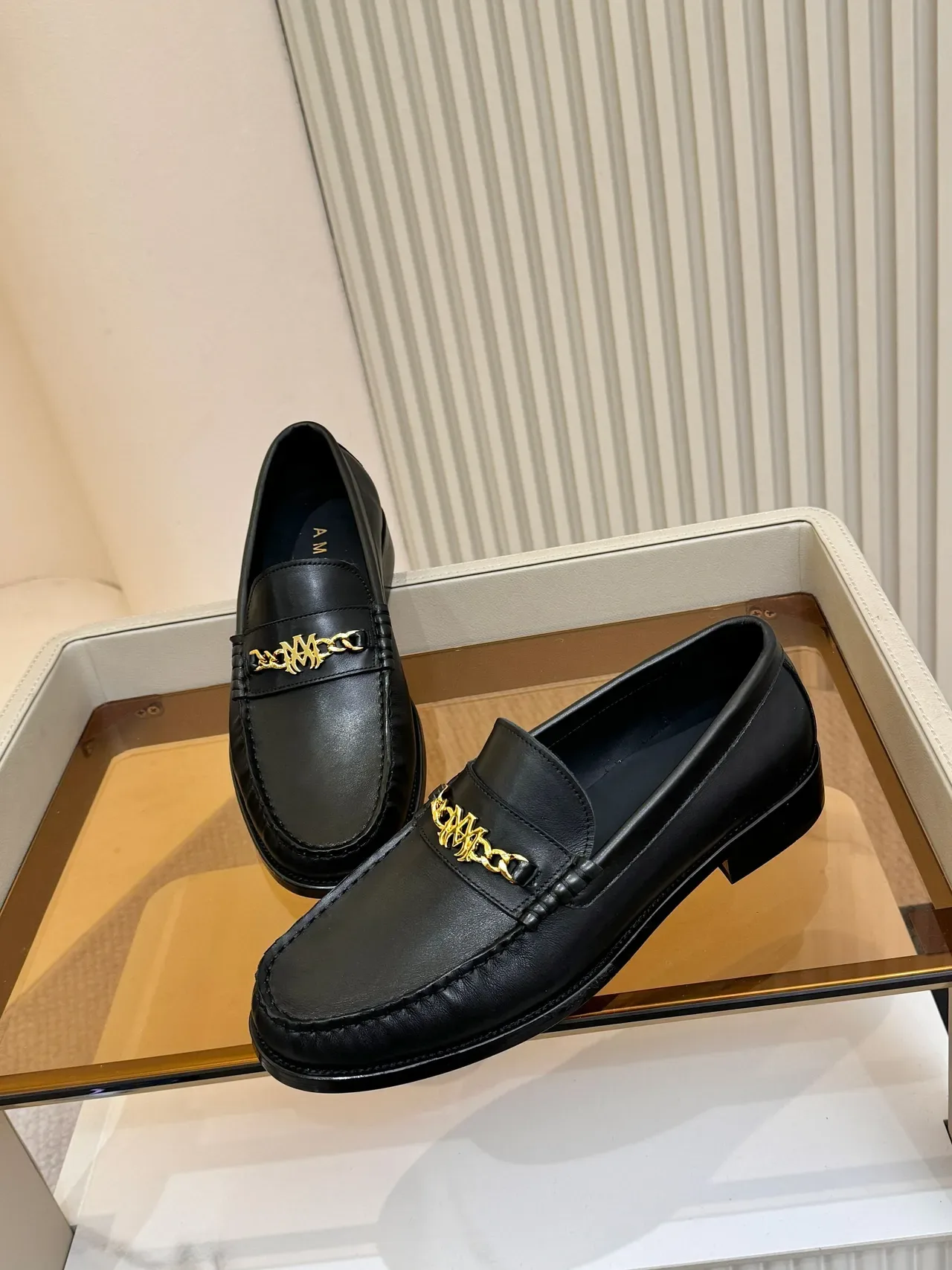 Black Gold Leather Chain-Link Horsebit Ornament Loafer 4