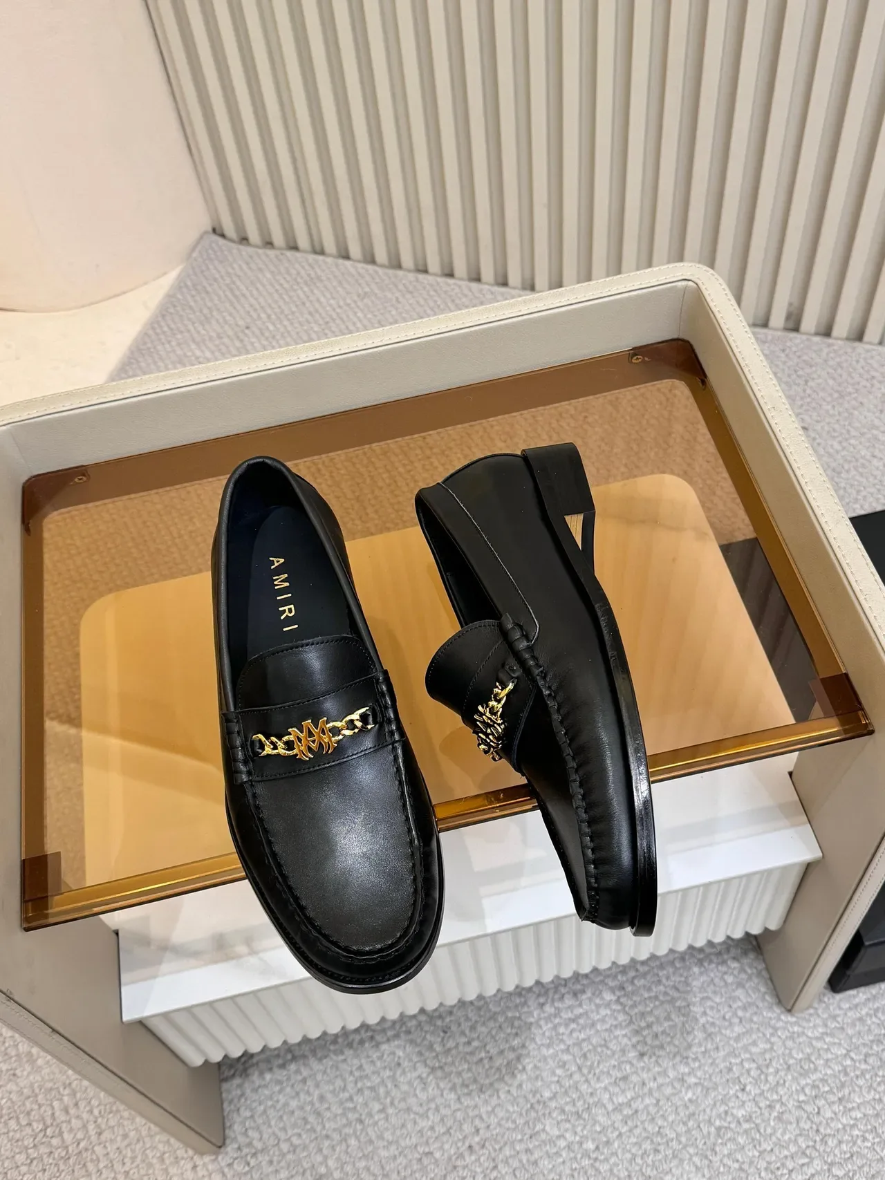 Black Gold Leather Chain-Link Horsebit Ornament Loafer 5