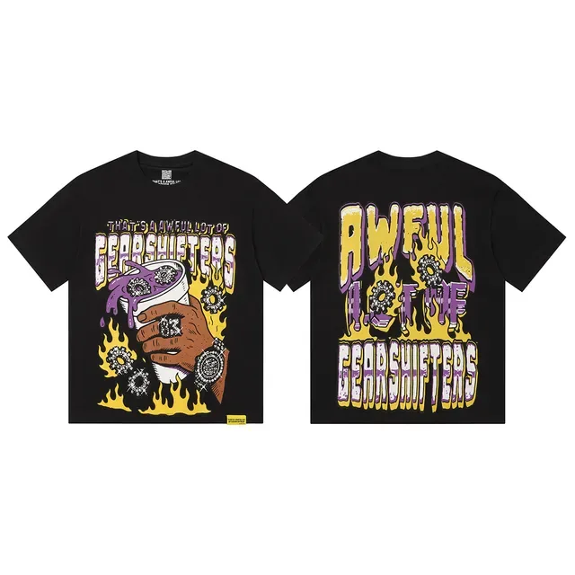 Black Graphic-Print Oversized Flame Motif T-Shirt 2