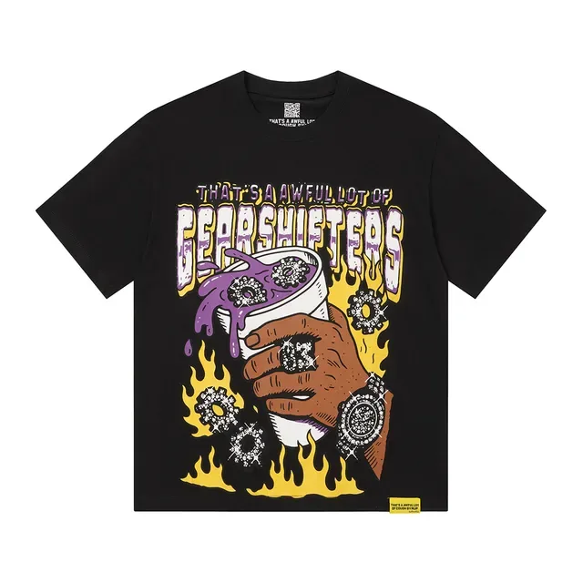 Black Graphic-Print Oversized Flame Motif T-Shirt 3