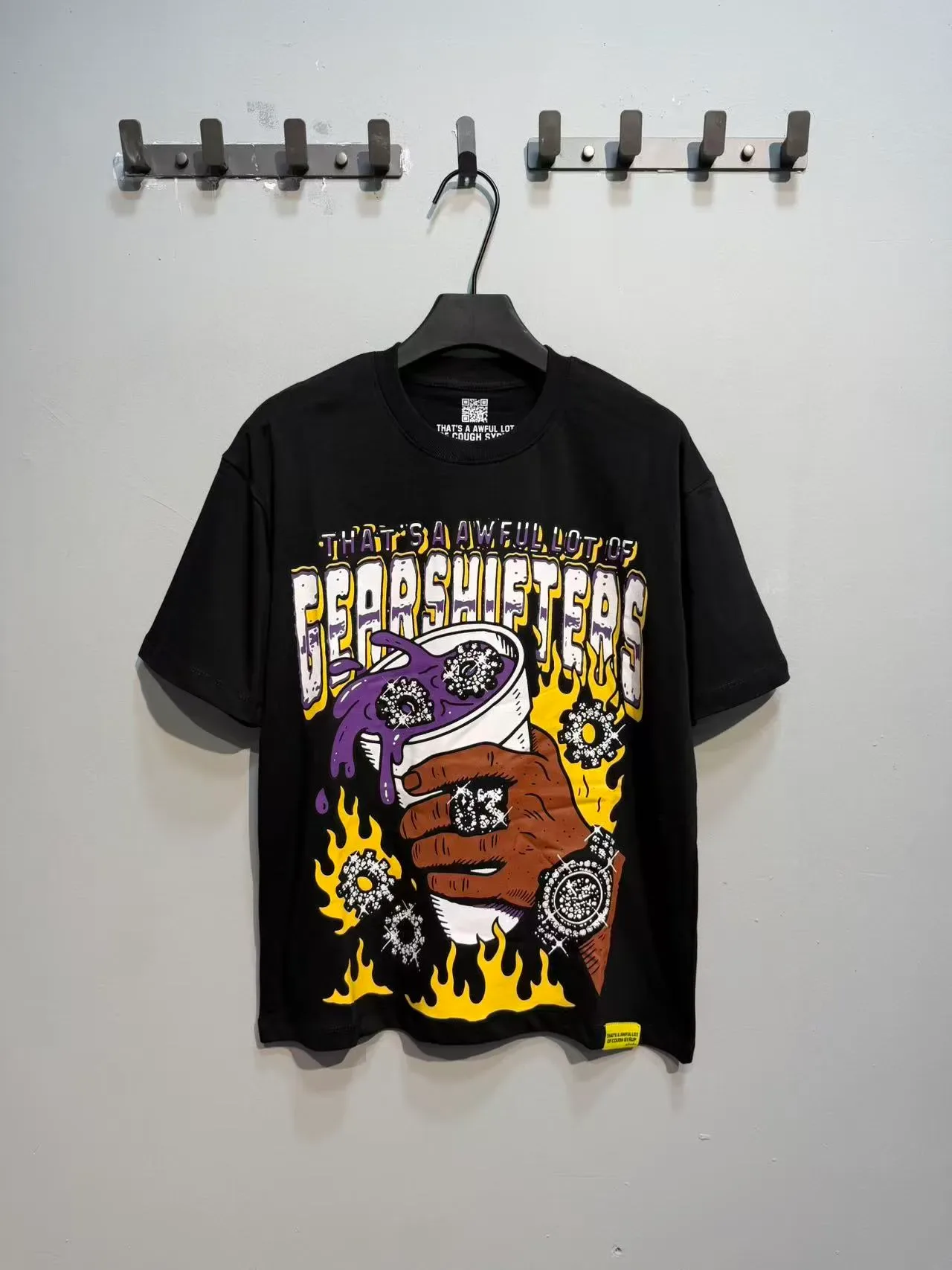 Black Graphic-Print Oversized Flame Motif T-Shirt 5