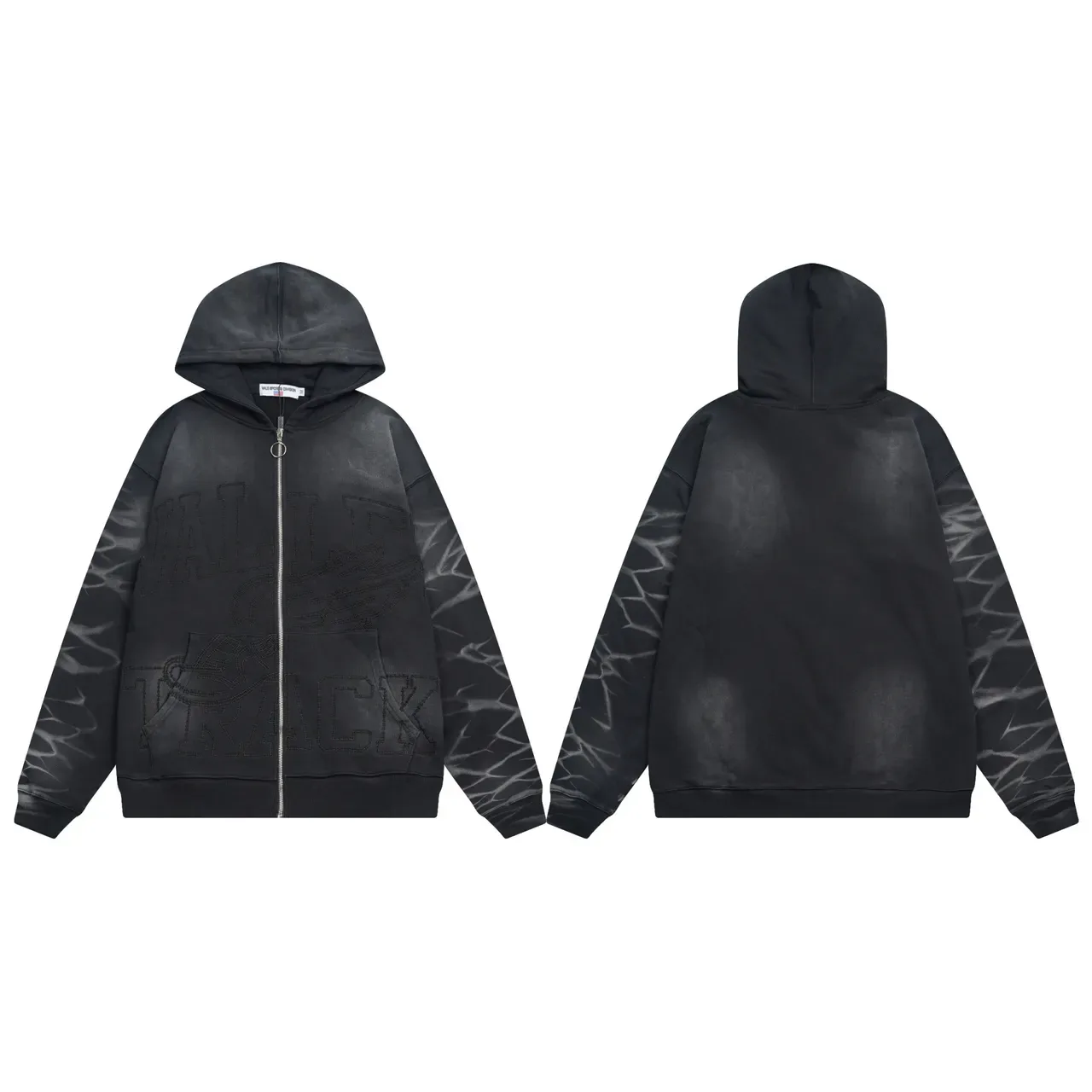 Black Gray Full-Zip Embroidered Graphic Hoodie 4