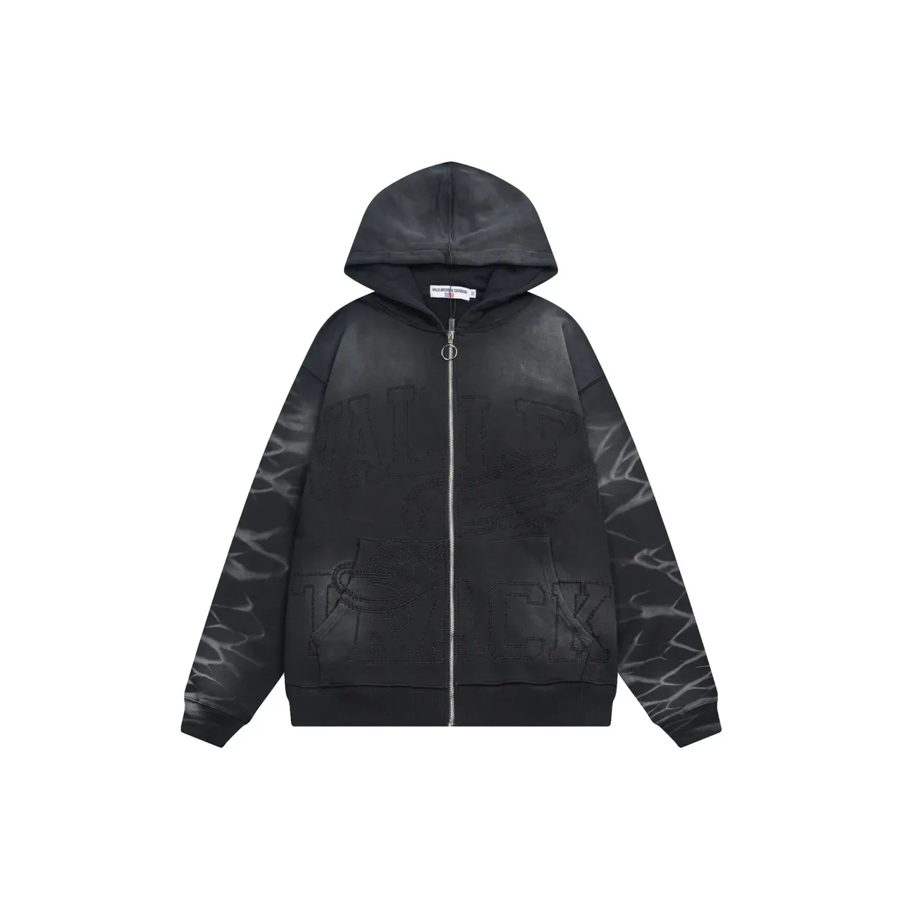 Black Gray Full-Zip Embroidered Graphic Hoodie 7