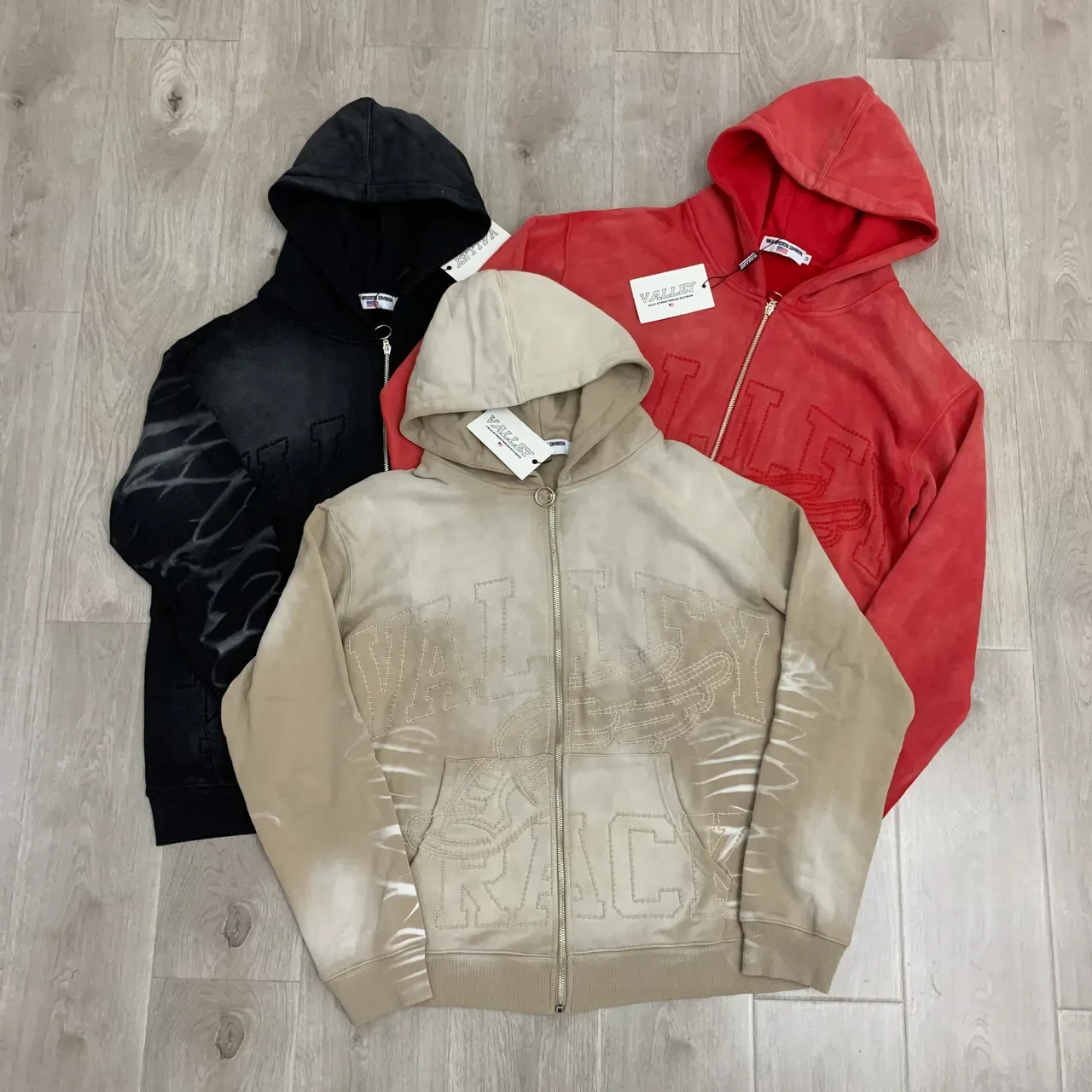 Black Gray Full-Zip Embroidered Graphic Hoodie 12