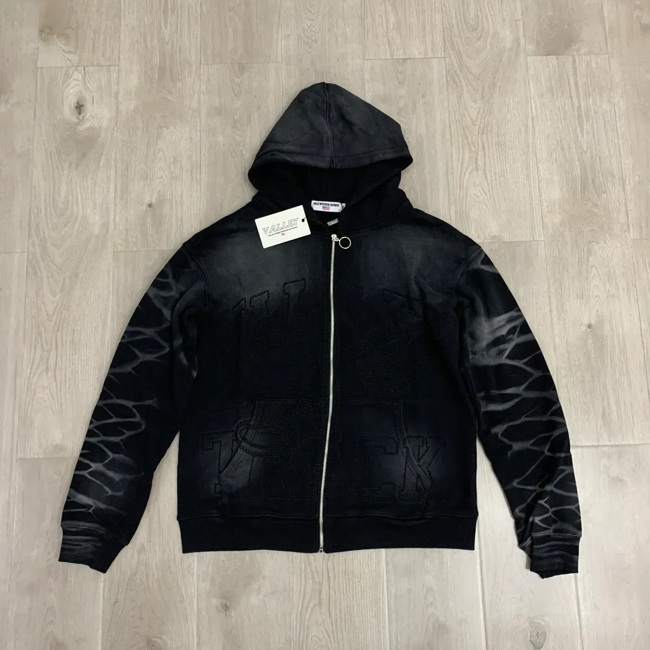 Black Gray Full-Zip Embroidered Graphic Hoodie 13