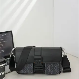 Black Gray Leather-Effect Upper Geometric Monogram Panel Crossbody Bag