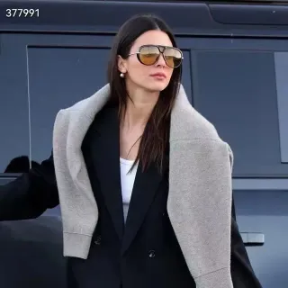 Black Gray Structured Double-Breasted Oversized Knit Shoulder Drape Outerwear
