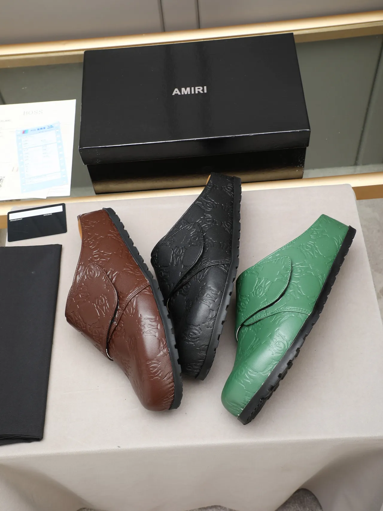 Black Green Embossed Monogram Pattern Single Strap Closure Loafer 2