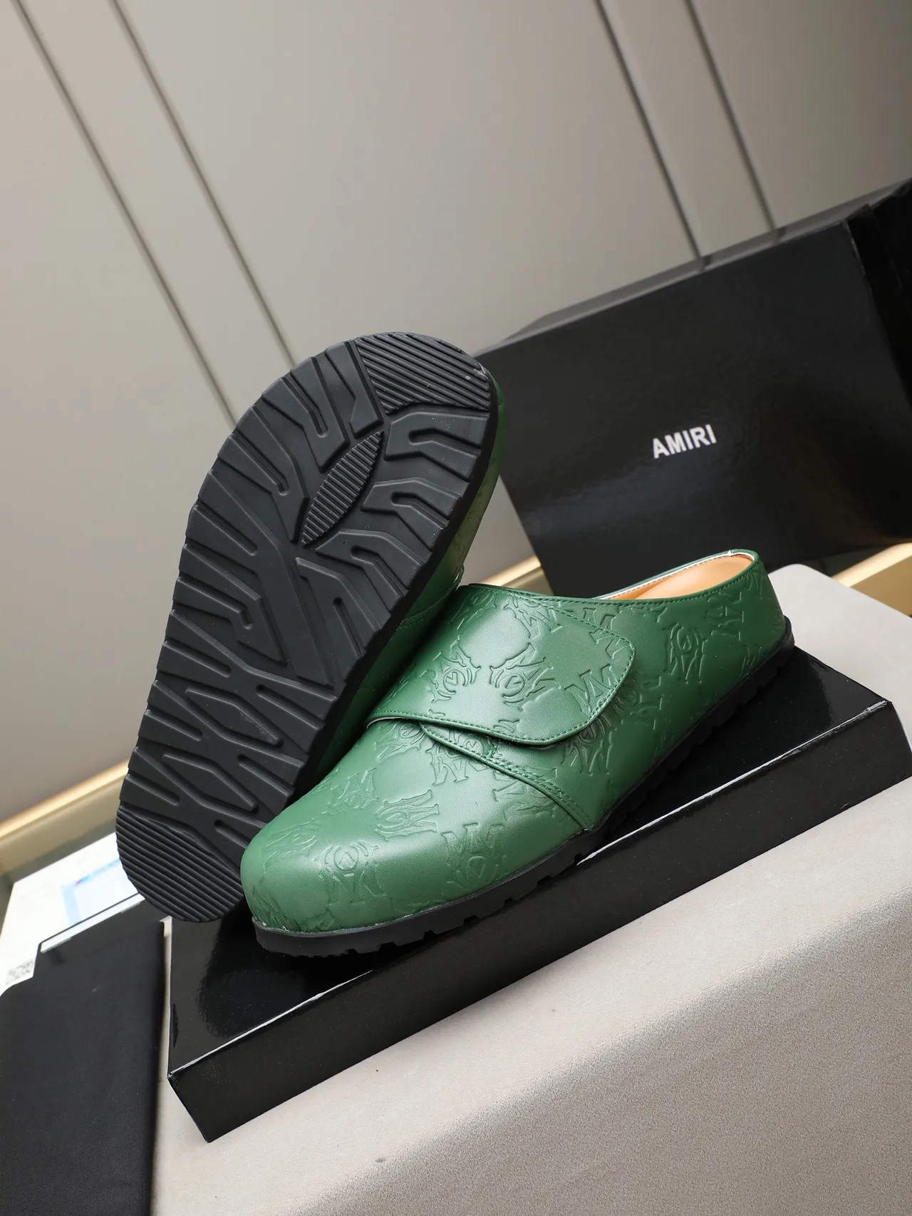 Black Green Embossed Monogram Pattern Single Strap Closure Loafer 6