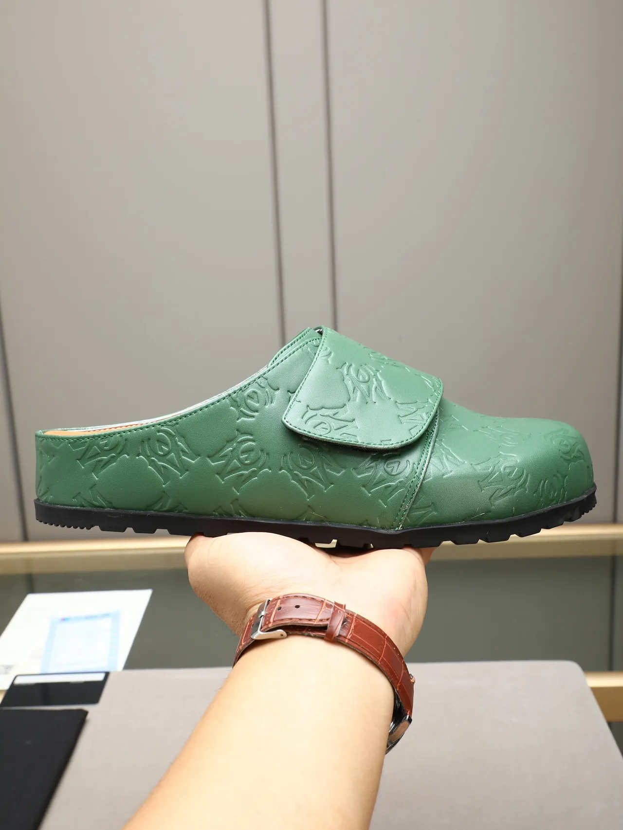 Black Green Embossed Monogram Pattern Single Strap Closure Loafer 9