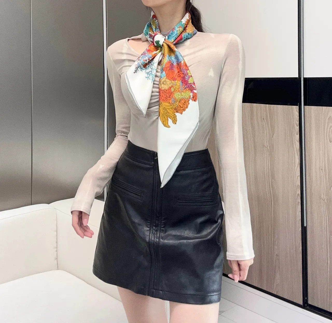 Black Multicolor Leather Mini Front Zip Closure Skirt 1
