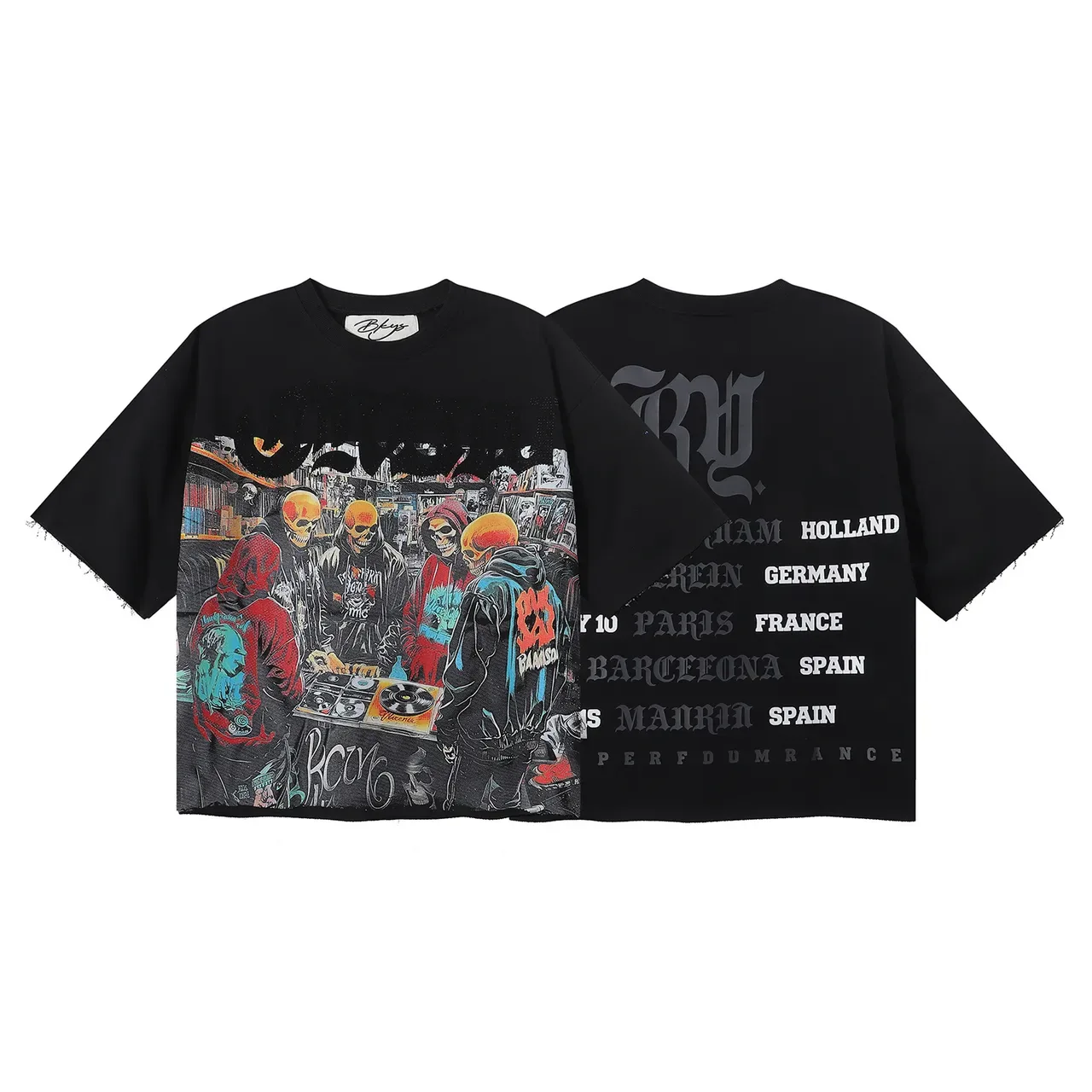 Black Multicolor Oversized Fit Raw-Edge Hem T-Shirt 1