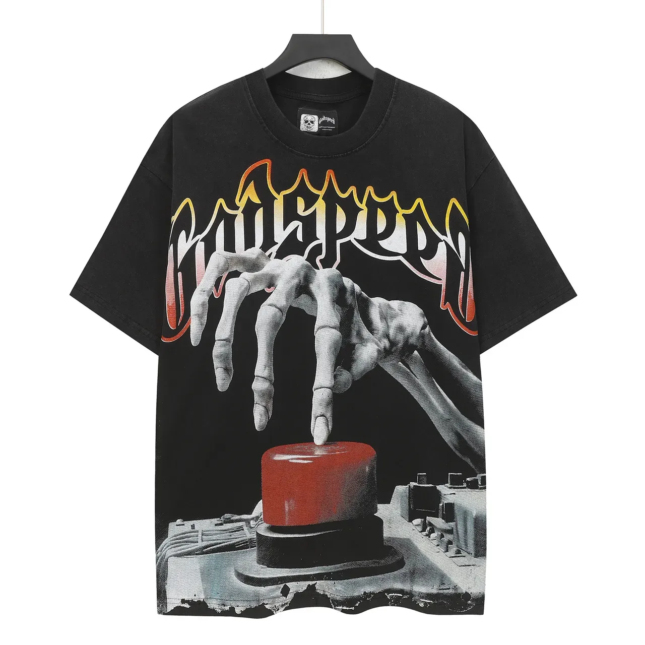 Black Oversized Graphic Print Skeleton Hand Pressing Red Button T-Shirt 2