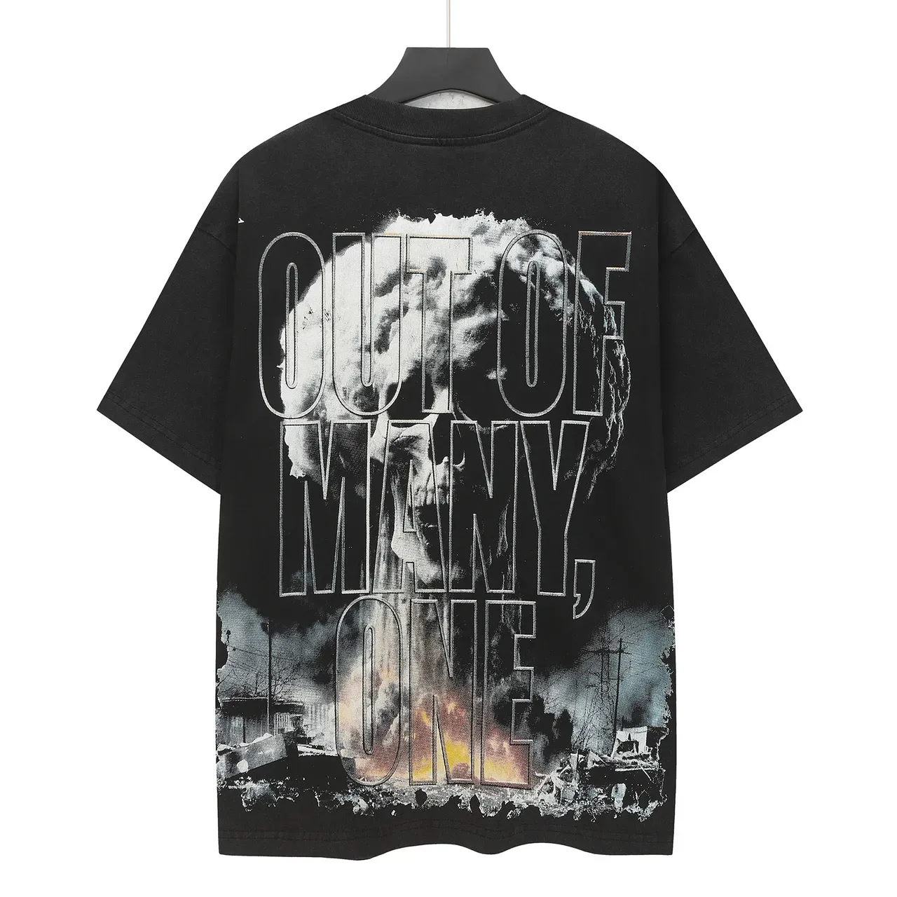 Black Oversized Graphic Print Skeleton Hand Pressing Red Button T-Shirt 3