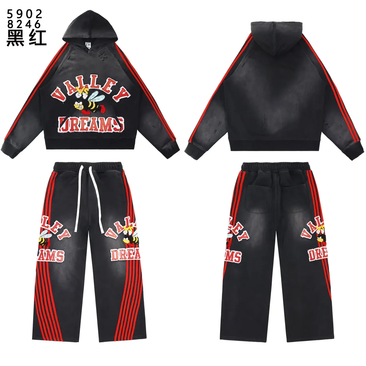 Black Red Graphic-Print Contrast Stripe Sleeves Hoodie 2