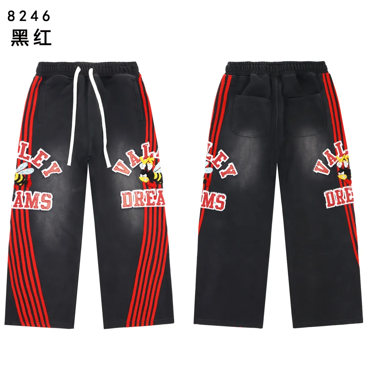 Black Red Graphic-Print Contrast Stripe Sleeves Hoodie 3